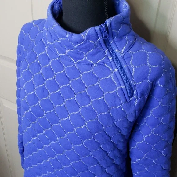 T By TALBOTS Quilted Blue Silver Zip Neck Pullover Top Size large - Picture 2 of 9